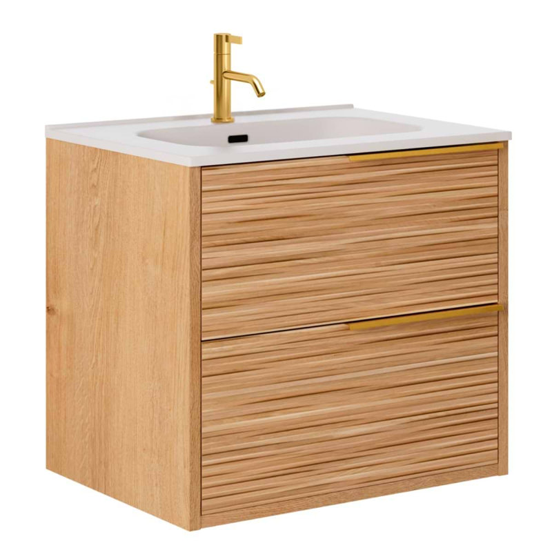 Kora 24" Bamboo Faux Finish Wall-Mounted Single Bathroom Vanity with Integrated Ceramic Top & Handles, Gold
