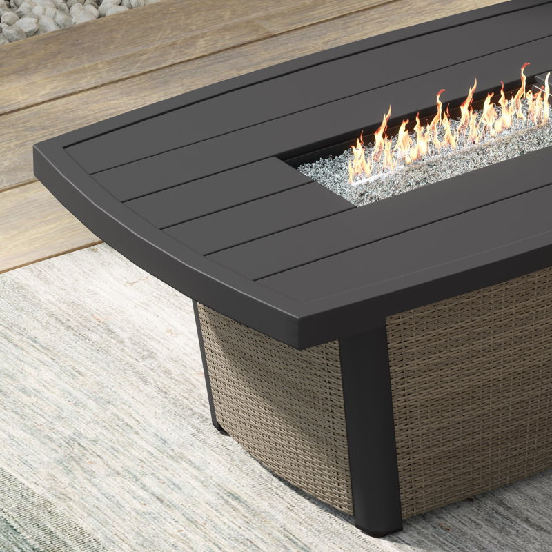 Baecher 24.61" H x 51.97" W Aluminum Outdoor Fire Pit Table with Wicker Base and Hidden Fuel Tank Storage, Brown/Dark Gray