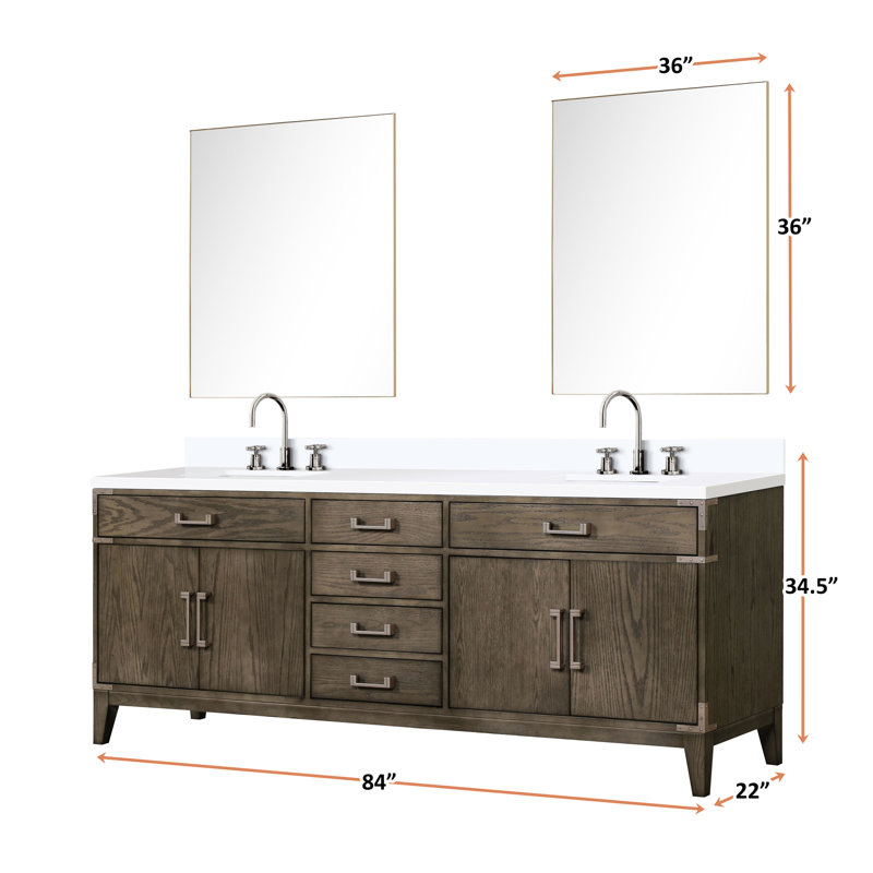 Chêne gris 84 po Large meuble-lavabo double avec comptoir en quartz blanc poli, robinet et 36 miroirs