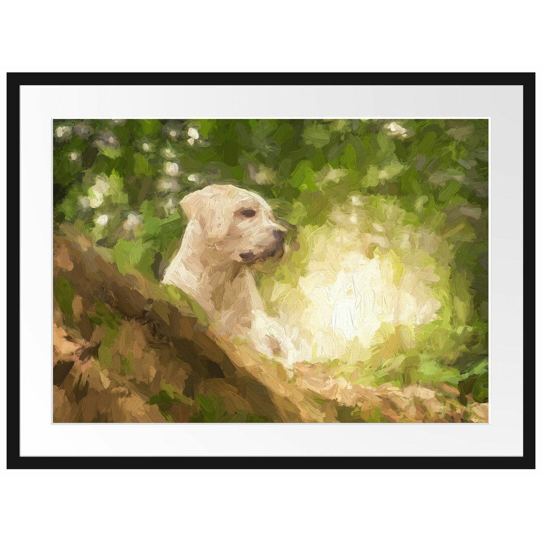 Gerahmtes Papierbild Labrador Welpe im Wald