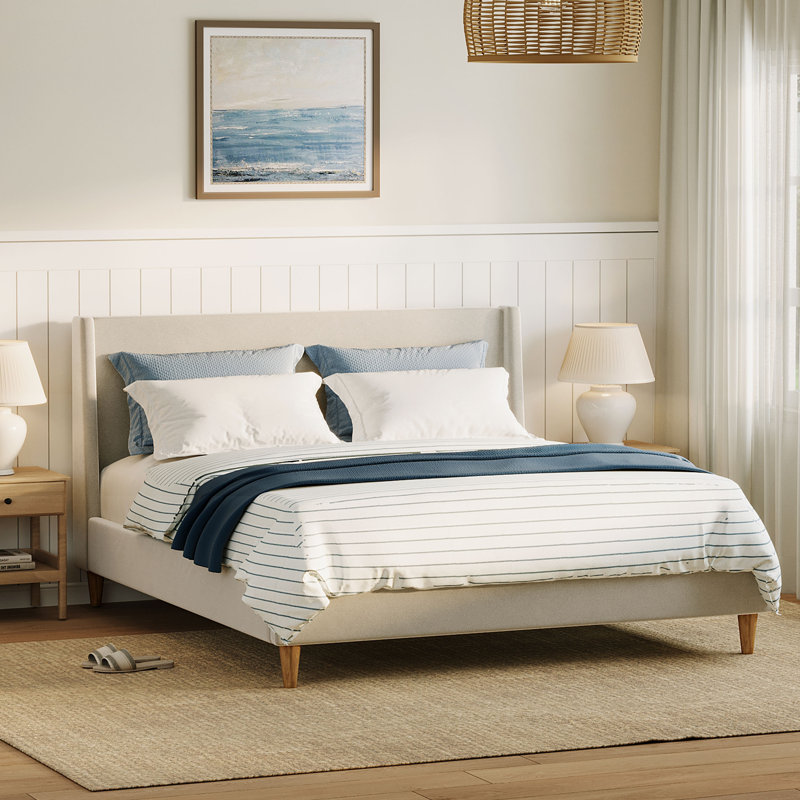 Upholstered Bed With Wingback Headboard, Queen, Beige
