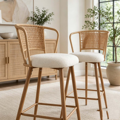 Ensemble de 2 tabourets de bar avec dossier en rotin, tabourets de comptoir rembourrés, tabourets de bar modernes avec pieds en métal