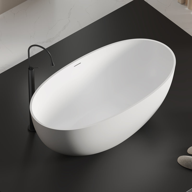KAKUSIGA 55" Freestanding Deep Soaking Bathtub, Matte White Solid Surface Stone Resin Tub