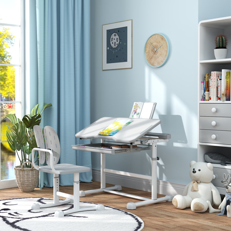 Qaba Kids Desk And Chair Set, Height Adjustable Kids Study Table And Chair Set With Tilt Desktop, Large Writing Board, Storage Drawer, Book Stand For 3-12 Years