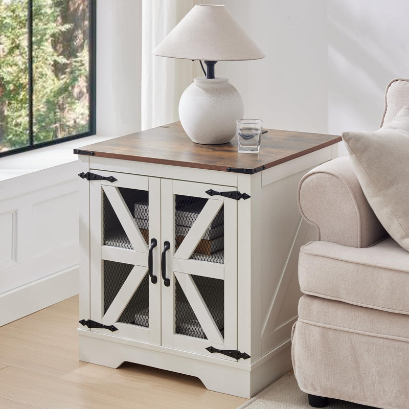 Farmhouse End Table with Charging Station - Nightstand with 2 Outlets & 2 USB Ports - Vintage Industrial Side Table, White