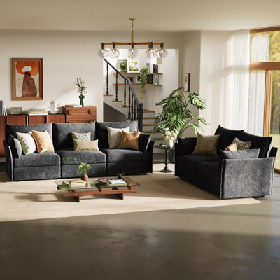Merchelle 2-Piece Upholstered Living Room Set - Modular Sectional & Loveseat With Plush Cushions For Cozy Gatherings & Stylish Home Ambiance-Chenille Black