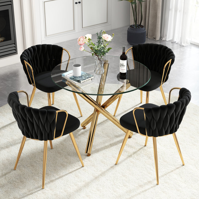 Ensemble de table de salle à manger Elegant, 5 pièces: table, 4 chaises, Noir, Doré