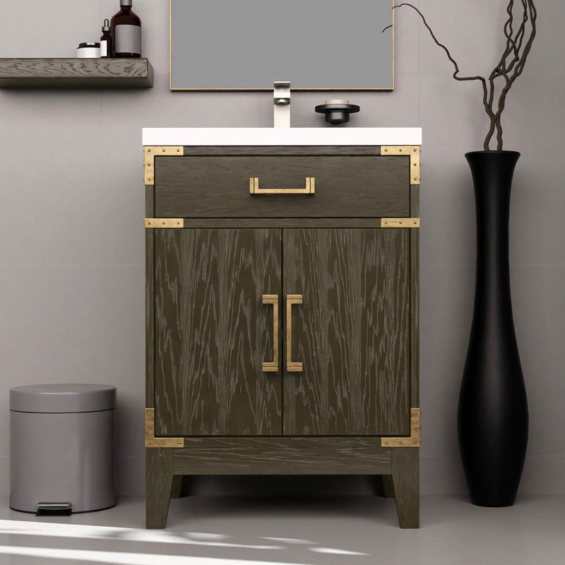 Meuble-lavabo simple 24 po X P 18 po P, comptoir en acrylique et Miroir, Brown Oak, 24"