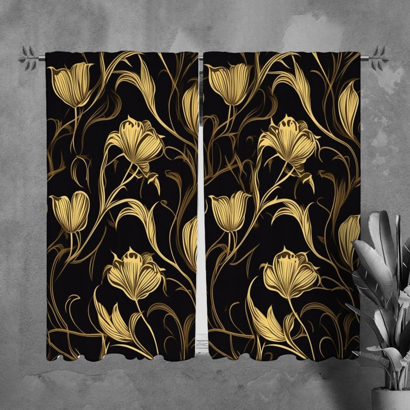 Motif floral de rideaux de fenêtre noirs - 5994, L 40 po x L 61 po