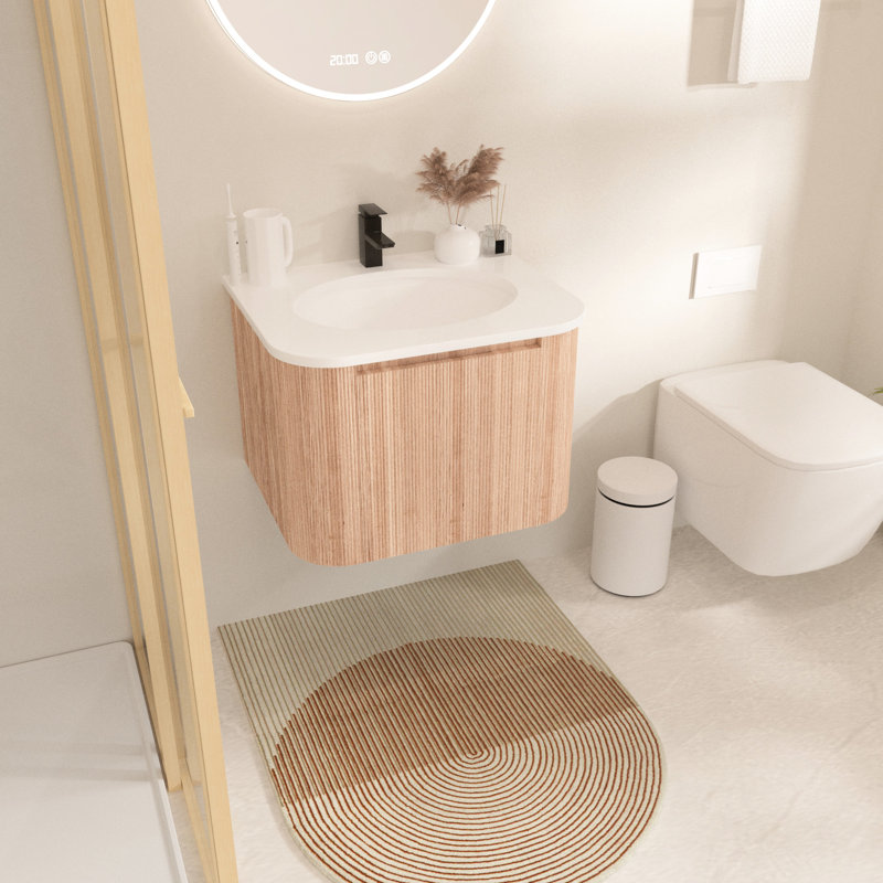 Meuble de salle de bain mural de 24 po de forme moderne incurvé, grain de bois ondulé, lavabo intégré, tiroir pour organiser une armoire à montage quotidien avec motif, texture de grain, marbre et céramique