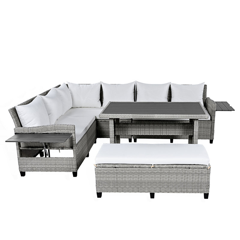 Ensemble de canapé d'extérieur en rotin 5 pièces, canapé modulaire en L avec 2 tables d'appoint extensibles, Blanc, Gris