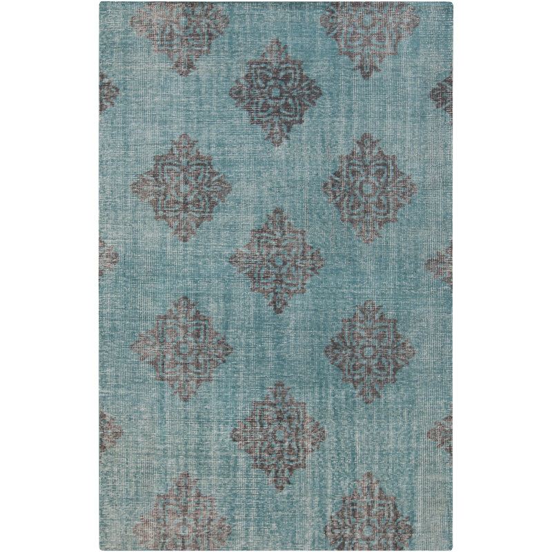 Tapis bleu sarcelle / gris en laine noué à la main Adnan, Rectangle 8 pi x 11 pi