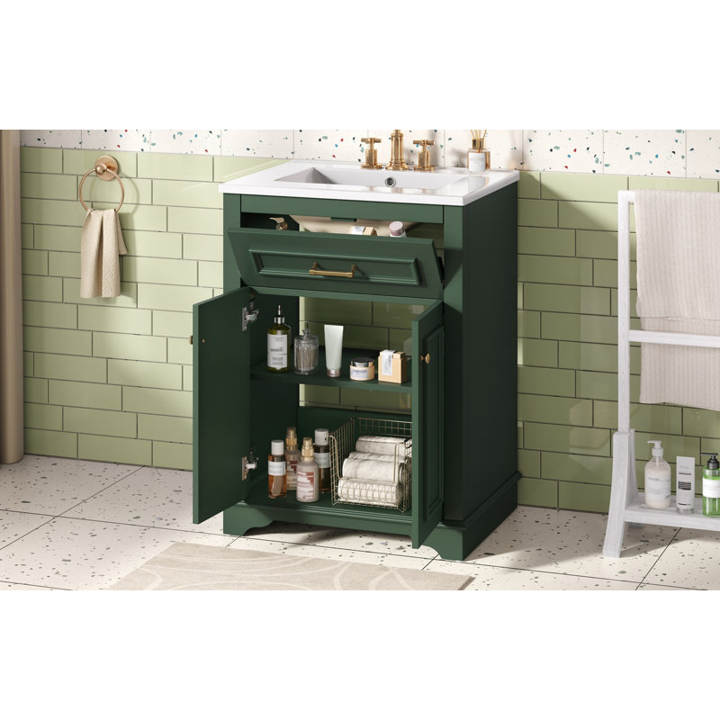 Meuble-lavabo 24 po avec lavabo en céramique intégré, armoire de salle de bain avec 2 portes, 1 tiroir basculant, meuble-lavabo simple pour petite et moyenne salle de bain, vert