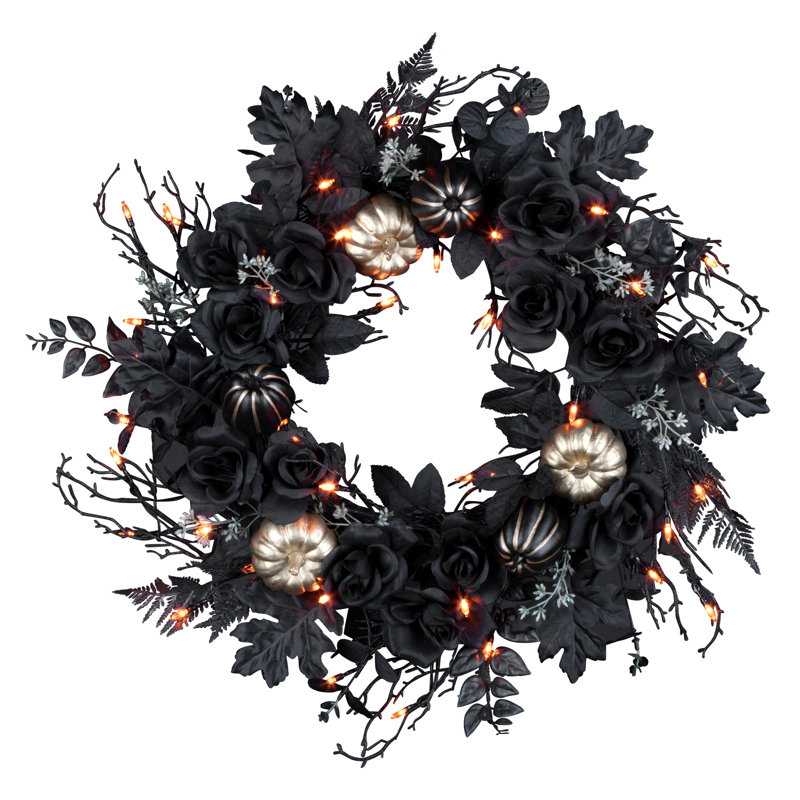 24in. Chic Eek Black Halloween Wreath with LED Lights