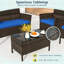Ensemble de conversation d'extérieur en osier 4 pièces avec causeuse, 2 fauteuils, coussins bleu marine et table basse en verre trempé