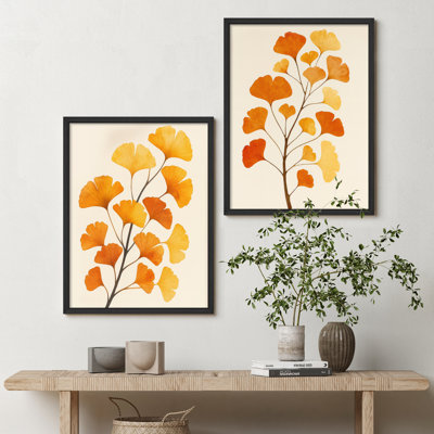 «Golden Ginkgo Leaves», ensemble d'art mural encadré - 2 pièces d'automne botaniques dans des tons chauds de jaune et d'orange, œuvre d'art élégante pour le salon ou la salle à manger