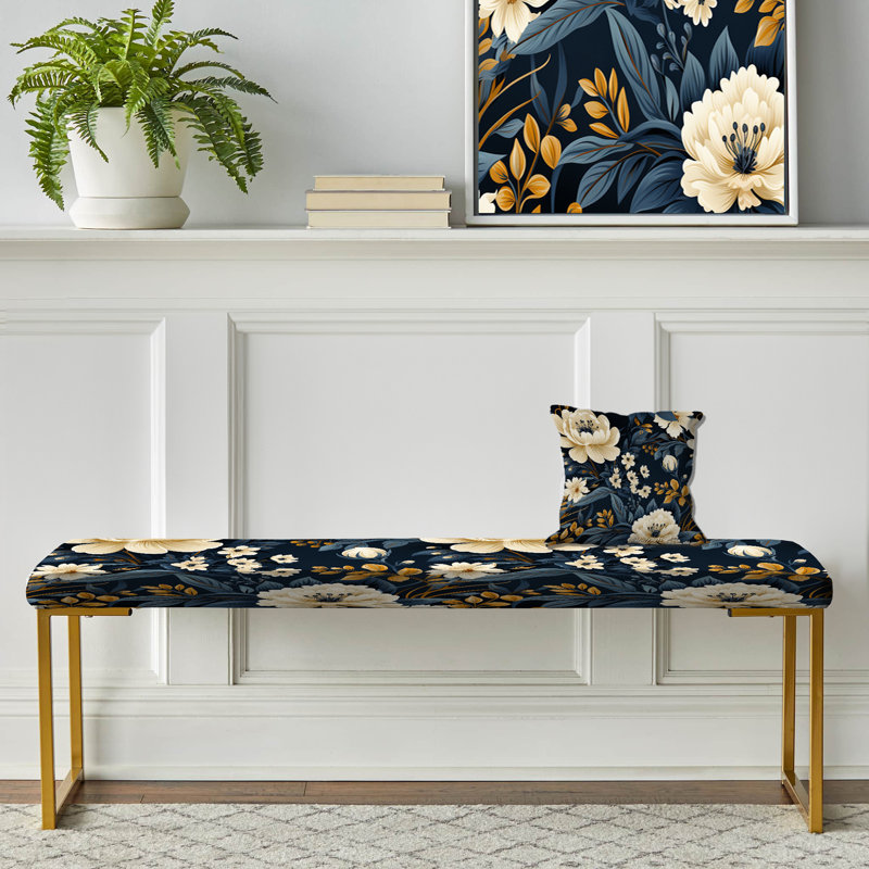 Dark Blue And White Allure Floral Pattern - Floral Upholstered Gold Bench