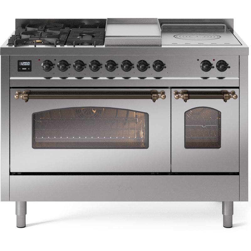 ILVE Nostalgie II 48 Dual Fuel Range, Liquid Propane, Burgundy/Brass