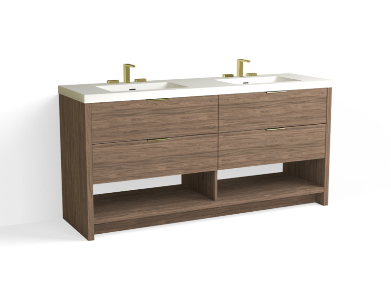 Vue 72" W Freestanding Double Bathroom Vanity, Nocino, Satin Brass, Matte White/8" Widespread