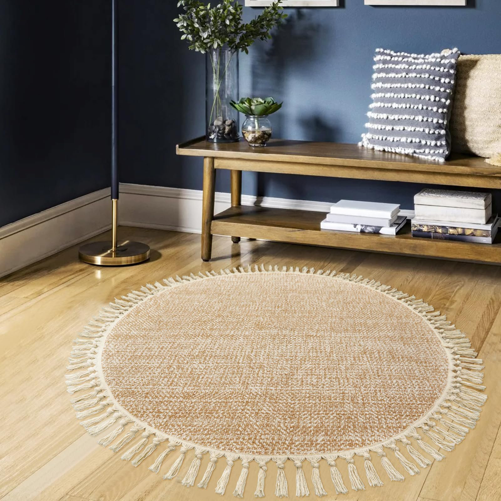 Gracie Oaks Tan/Cream Hand-Woven Tasseled Round Area Rug, Cotton ...