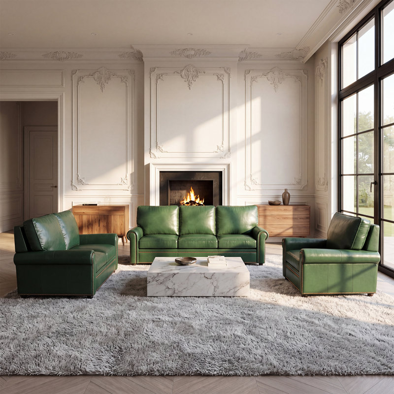 Canapé classique en cuir Chesterfield, 3 Pcs: Chair, Loveseat, Sofa, Green