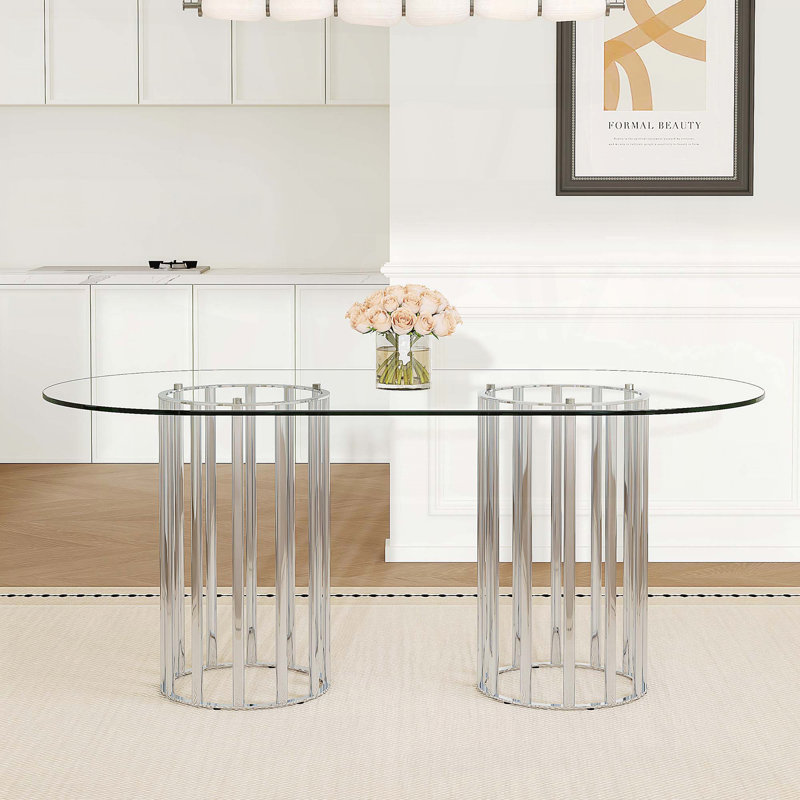 Table de salle à manger ovale en verre trempé avec base double colonne argentée (71 po, sièges 6-8), Argent