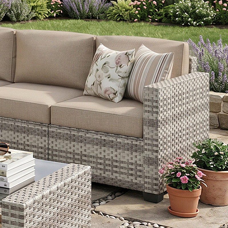 Ensemble de conversation modulaire en rotin 7 pièces avec coussins, 7327Wh-B11, Beige