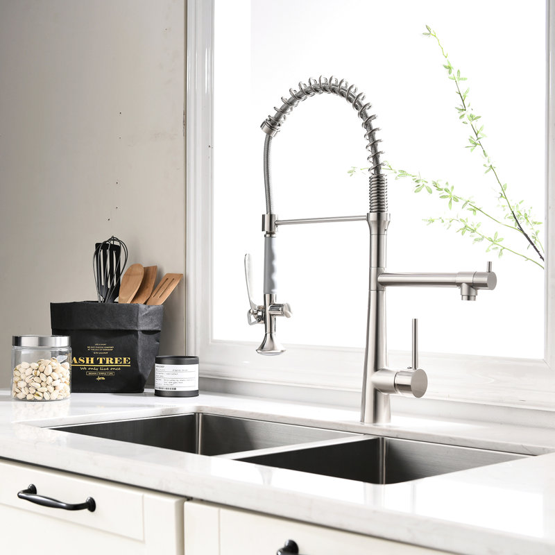 Modern Kitchen Faucet With Heavy Duty Spring Design And Brushed Nickel Surface High Arc Pull Down Pre-Rinse Ceramic Filler In