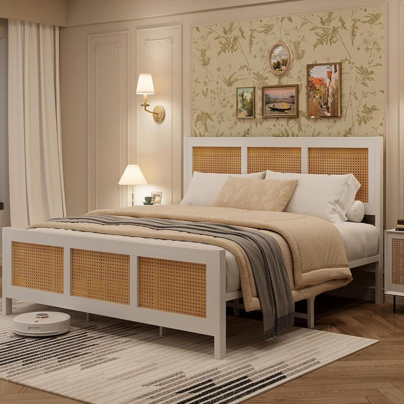 Bohemian Rattan Platform Bed With Strong Metal Slats Support, Full, White