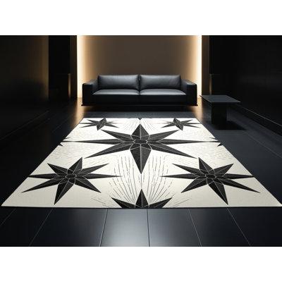 Tapis beige lavable à la machine à motif d'étoiles Mid-Century Rocco Shuriken