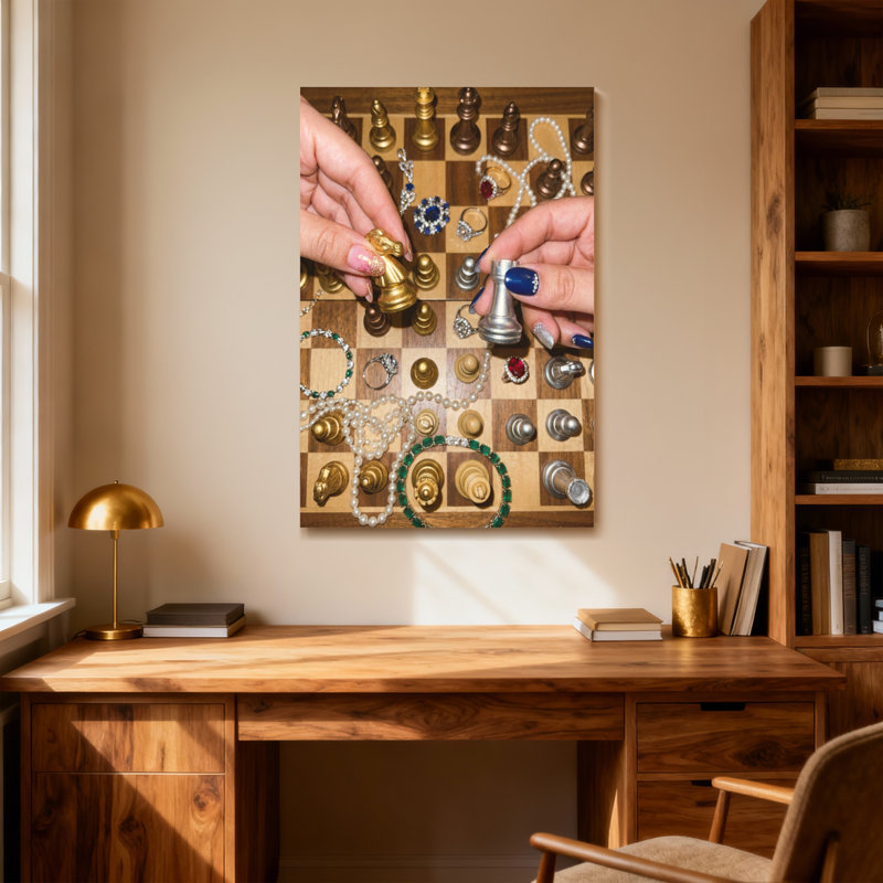 Échiquier tendance avec bijoux et mains, H 30 po x l 20 po
