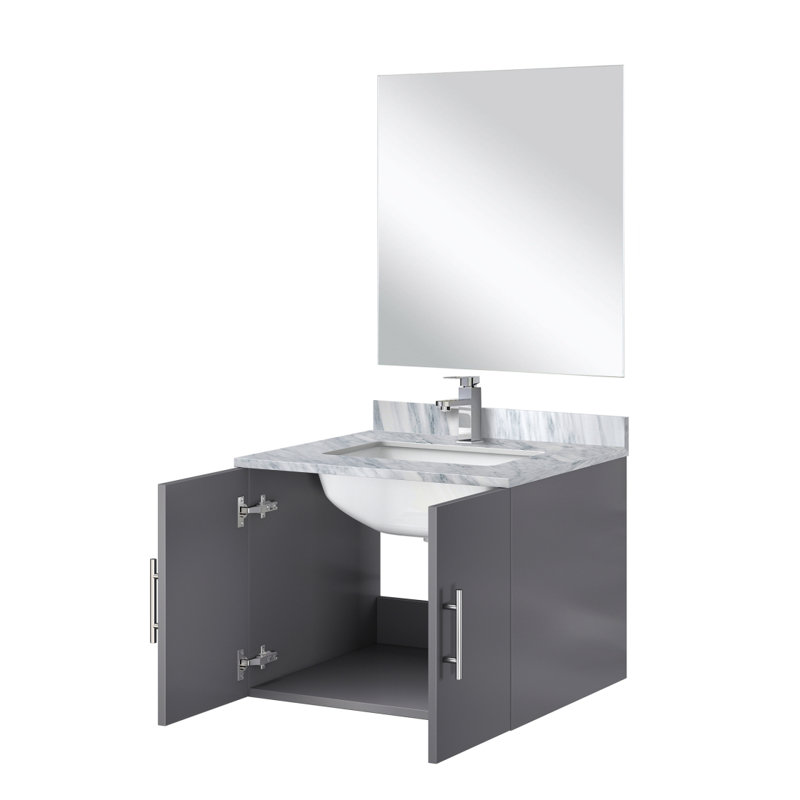 Meuble-lavabo simple gris foncé 24 po X P 22 po D, comptoir en marbre de Carrare, 18 po Ensemble miroir et robinet