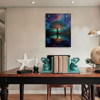 Arbre de vie, art mural, toile, fantaisie, forêt, reflet, lac, automne, décoration murale, ciel nocturne, photos, impressions, paysage, fantaisies, affiches pour chambre à coucher, salle de bain, salon (16 po x 24 po)