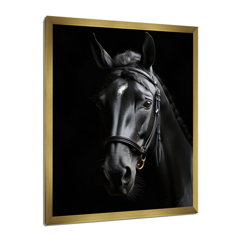 Latifat noir et blanc, cheval, élégance - art sur toile, Cadre doré simple, H 32 po x l 16 po x P 1 po