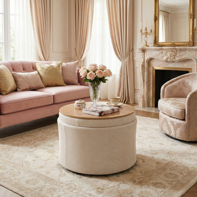 Charleroi 23.5" Wide Round Upholstered Ottoman With Storage, Coffee Table Ottoman