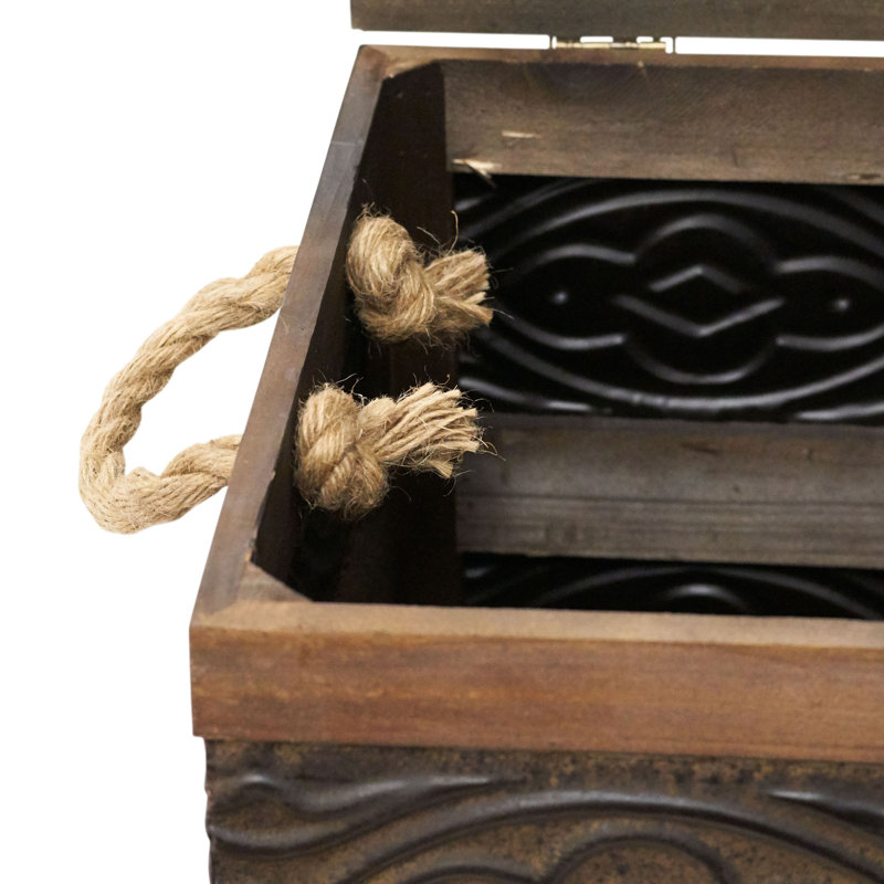 Small Decorative Trunk Embossed Metal and Chinese Fir with Rope Handles Walnut and Almond Stain