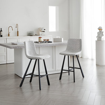 Tabouret de bar moderne en tissu gris clair texturé - Chaise rembourrée à hauteur de comptoir avec pieds robustes en métal noir