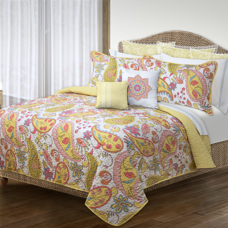 Ensemble de courtepointe campagnarde en microfibre multicolore, Courtepointe double et 2 taies décoratives
