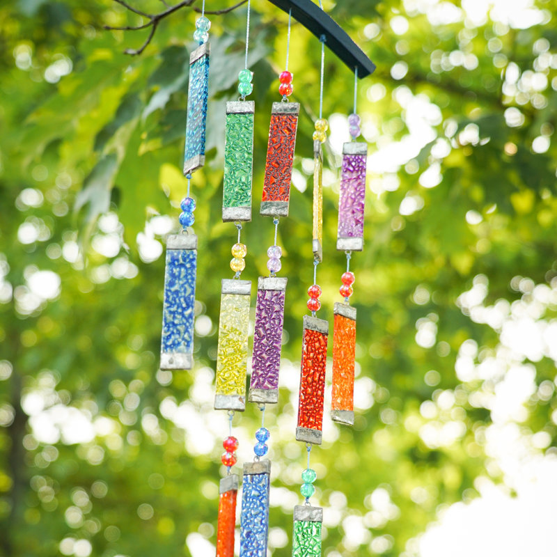 Rainbow Textured Glass and Wood Wind Chime