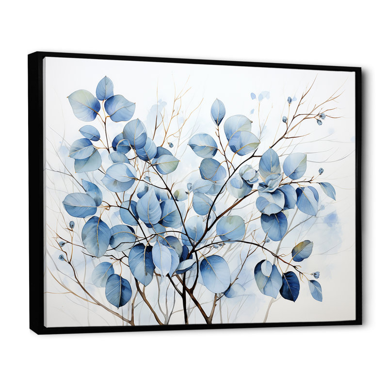Art mural bleu et gris avec feuilles sur une branche III - feuilles, H 34 po x l 44 po x P 1,5 po, Cadre flottant noir