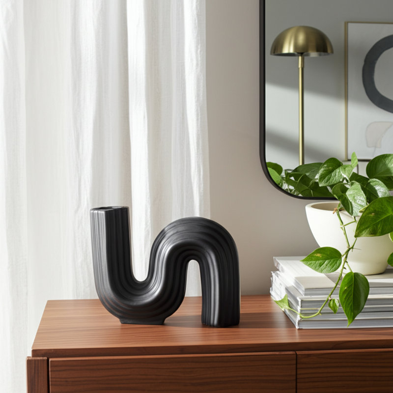 Stoneware Ceramic Vase with Sculptural Curved Shape and Ribbed Textured Design, Black
