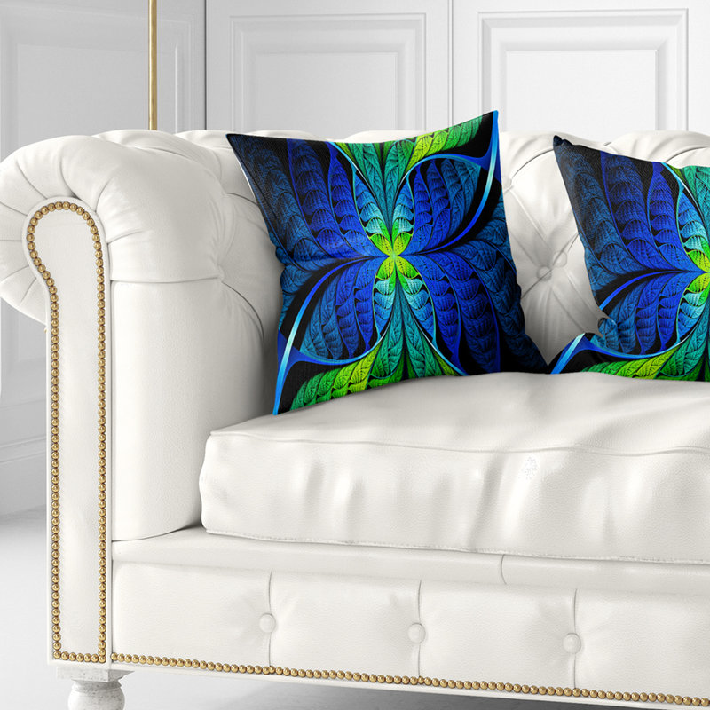 Vitrail fractal bleu vert - coussin imprimé abstrait, 16 po x 1 po, Coussin décoratif