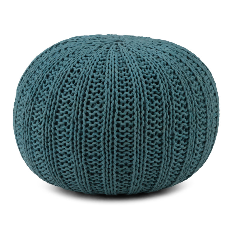 Shelby 20"W Cotton Hand Knit Round Pouf, Teal