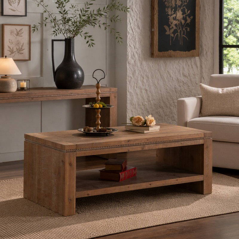 Table basse rectangulaire 47,24 "à 2 niveaux - Bois massif et panneau de fibres à densité moyenne 