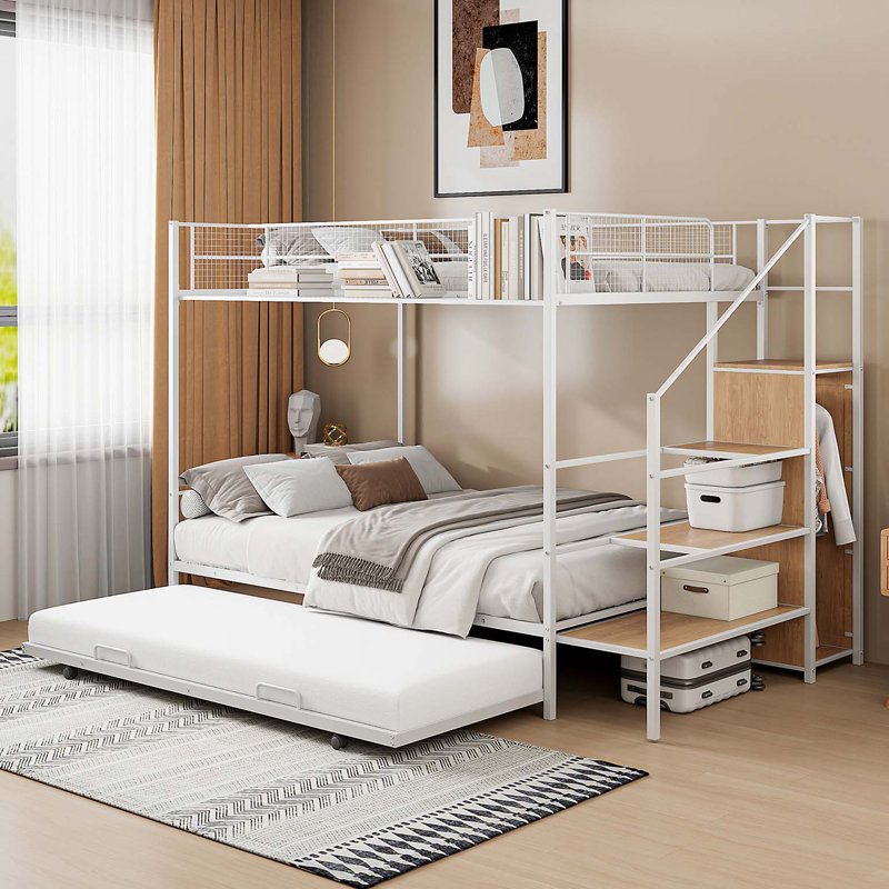 Lit superposé simple au-dessus d'un lit double en métal avec lit gigogne, échelle de rangement latérale et garde-robe, Blanc