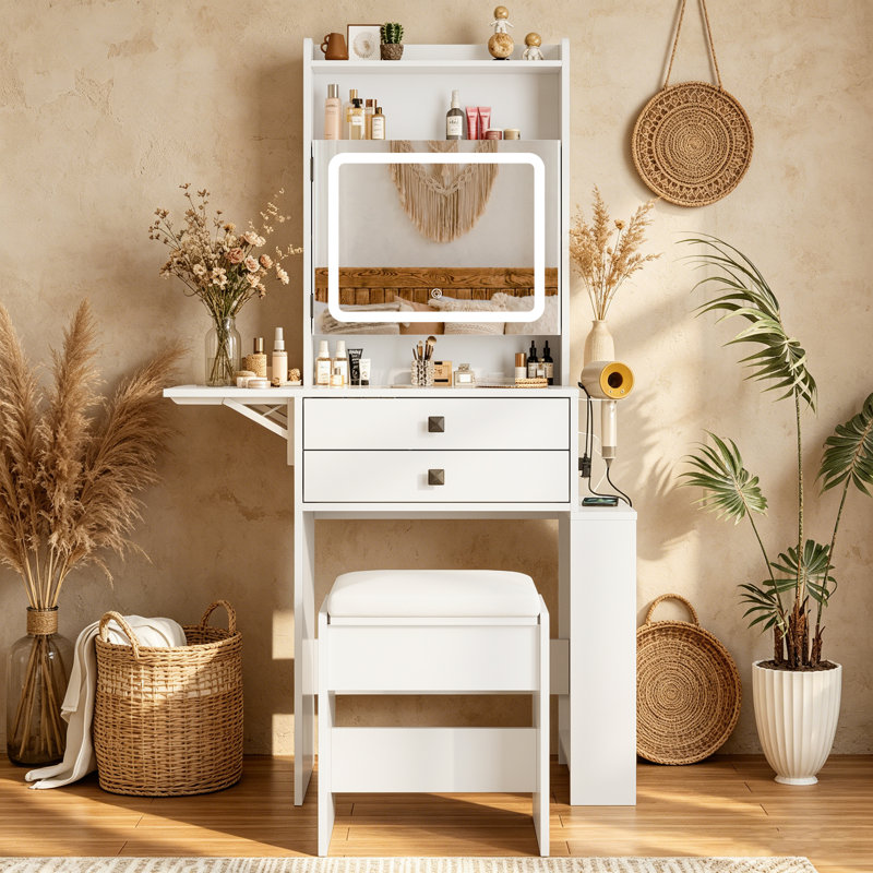 Small Makeup Vanity Desk With 3 Adjustable Lighted Mirror, White