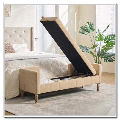 Banc de rangement 64,6 po revêtu de chenille avec accoudoirs et dossier capitonnés, pieds en bois d'hévéa