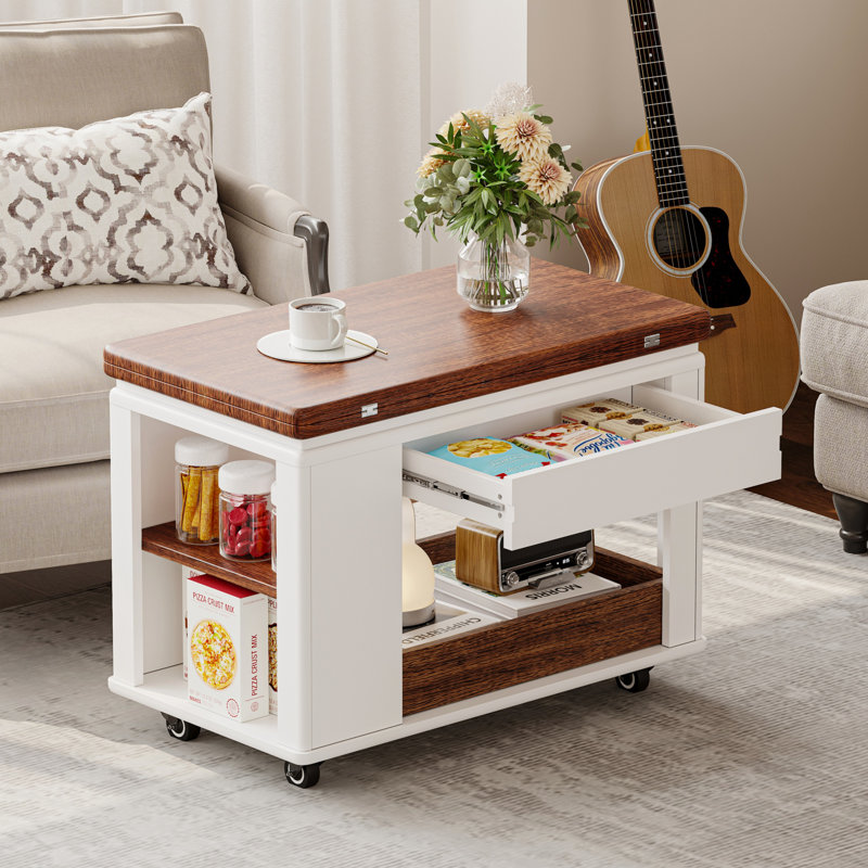 Table basse / table d'appoint moderne avec plateau pliable et roulettes, rangement multi-niveaux, Noyer
