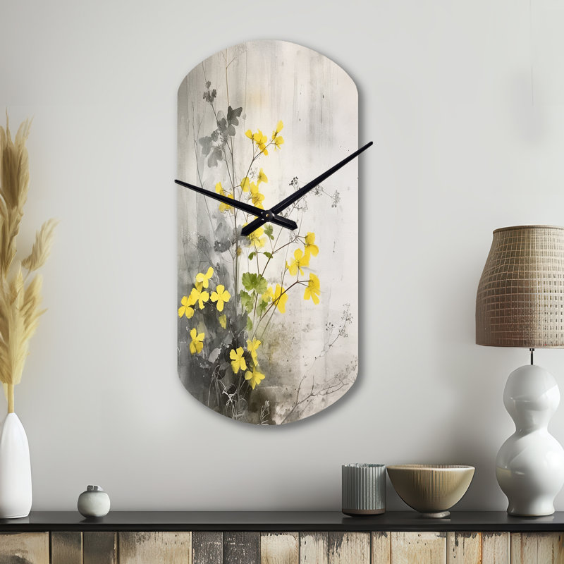 Horloge murale jaune et jaune avec motif floral jaune cylindrique asymétrique, Petit