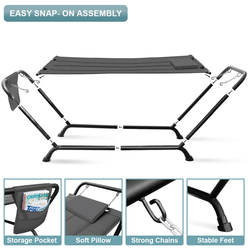  Lit hamac confortable pour 1 personne avec support, oreiller et poches de rangement gris